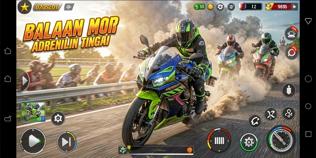 Screenshot utama 070SLOT menampilkan aksi balapan motor yang mendebarkan.