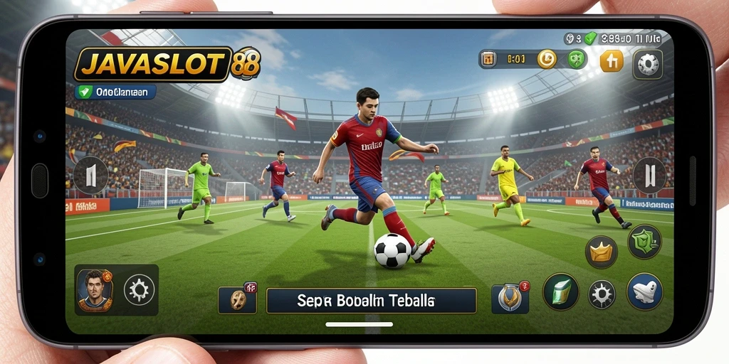 Screenshot gameplay JAVASLOT88 menampilkan aksi seru pertandingan sepak bola.