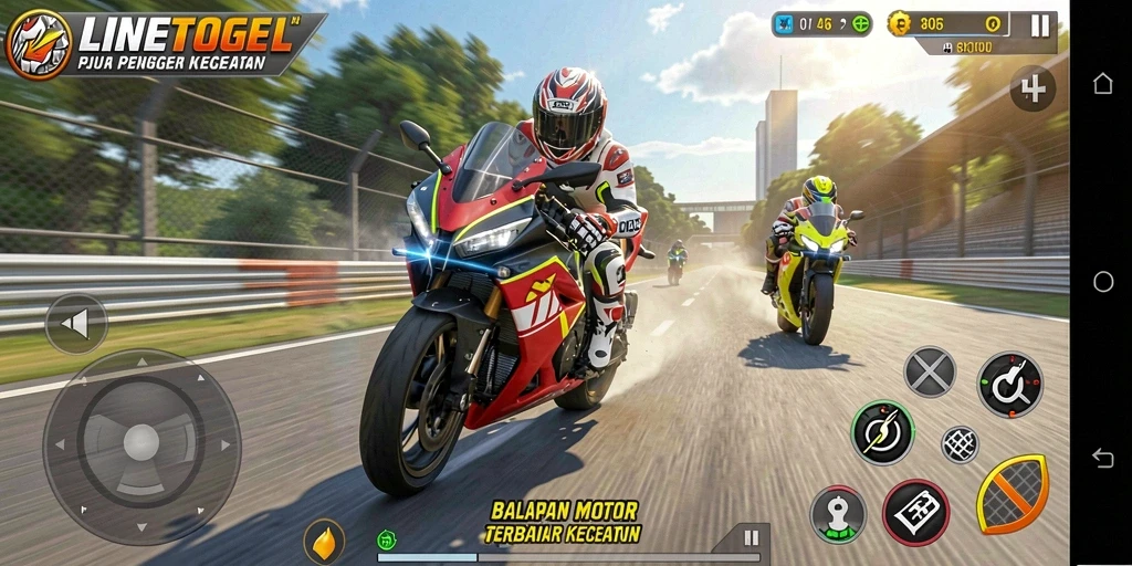 Screenshot utama LINETOGEL menampilkan tampilan balapan motor yang seru dan mendebarkan.