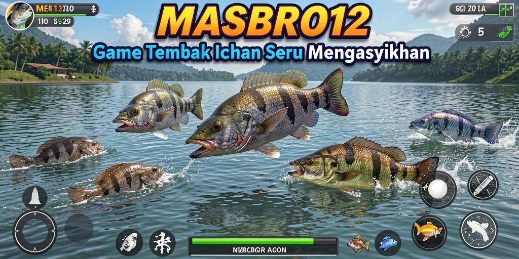 Tampilan screenshot gameplay <strong>MASBRO12</strong> menampilkan aksi seru menembak ikan.