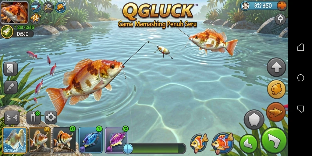 Tangkapan ikan dalam gameplay QGLUCK yang menampilkan pengalaman memancing yang seru.