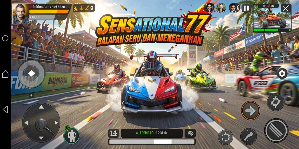 Tangkapan layar gamplay SENSATIONAL77 menampilkan mobil balap di lintasan yang menegangkan.